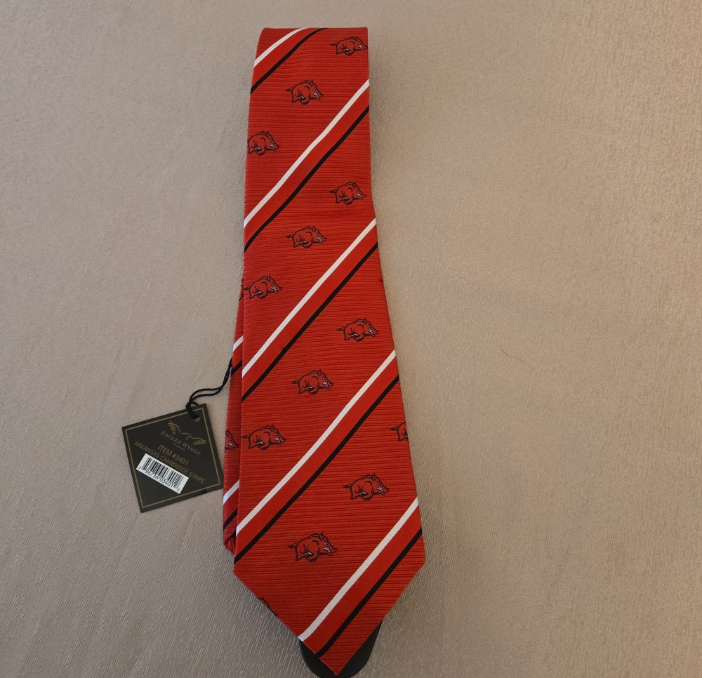 Eagles Wings Arkansas Razorbacks NCAA Red/White/Black Striped Neck Tie 100% Silk